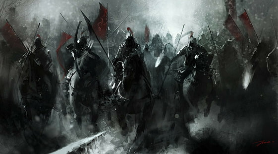 fantasikonst, medeltida, strid, banner, krig, vinter, krigare, riddare, konstverk, häst, HD tapet HD wallpaper