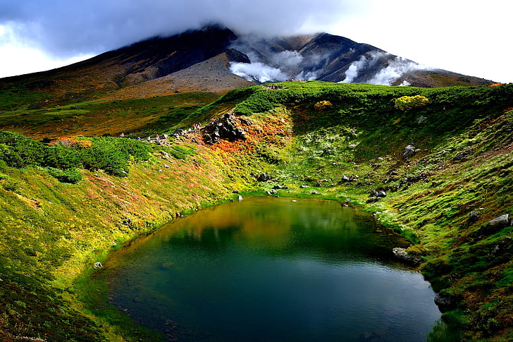 brown and green mountain and lake, mountains, lake, the volcano, Japan, Hokkaido, Following, HD wallpaper