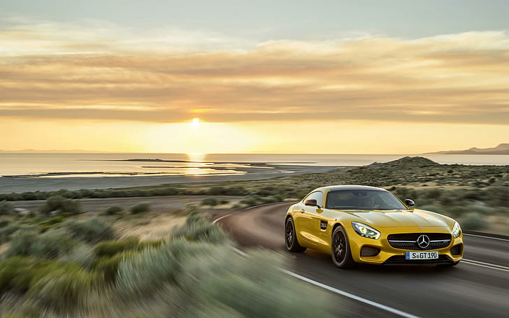 2015 Mercedes AMG GT 2, yellow mercedes benz sports coupe, mercedes, 2015, cars, mercedes benz, HD wallpaper