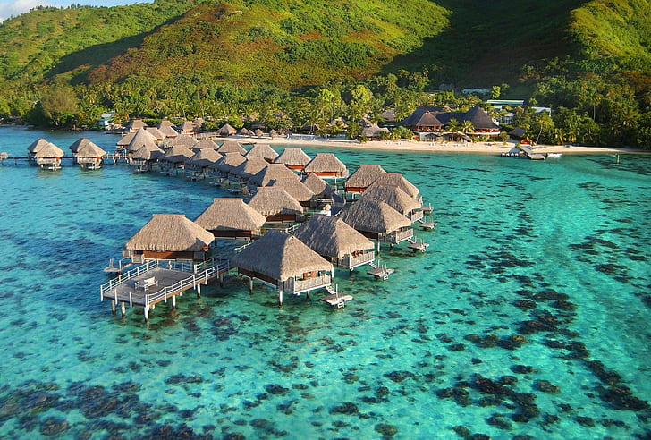 Bora Bora Lagoon and Water Villas, лагуна, зеленые, коралловые, риф, пляж, таити, полинезия, океан, голубой, бора-бора, рай, остров, тропический, HD обои