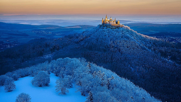 winter, cold, snow, frost, frozen, forest, castle, panorama, hohenzollern castle, burg hohenzollern, germany, europe, hohenzollern, hoary, hoarfrost, HD wallpaper