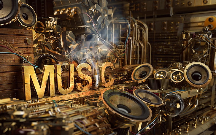 brown and black wooden table, music, steampunk, digital art, typography, technology, artwork, HD wallpaper