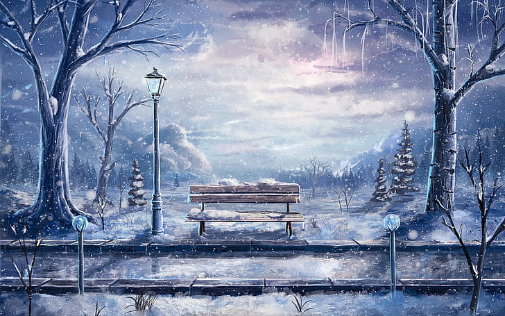 Art painting, winter, snow, bench, lantern, trees, Art, Painting, Winter, Snow, Bench, Lantern, Trees, HD wallpaper