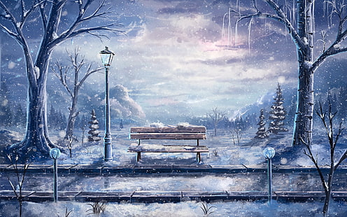 Art painting, winter, snow, bench, lantern, trees, Art, Painting, Winter, Snow, Bench, Lantern, Trees, HD wallpaper HD wallpaper