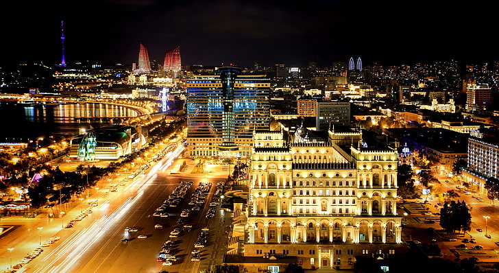 yüksek bina, gece, Azerbaycan, Bakü, HD masaüstü duvar kağıdı