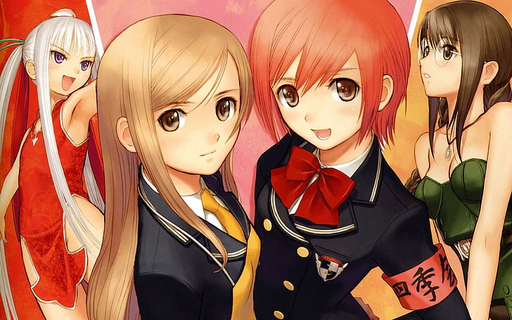 fyra kvinnliga anime karaktärer illustration, taka tony, lysande vind, touka kureha, hiruda reia, seena kanon, flicka, söt, leende, HD tapet