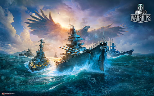 World of Warships game wallpaper digital, perang, kapal, Burung, elang, pertempuran, Kapal Perang, World of Warships, Dunia Kapal, Wallpaper HD HD wallpaper