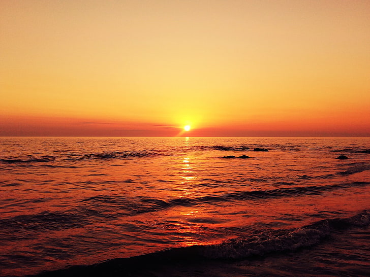 puesta de sol, playa, sol, agua, cielo, Fondo de pantalla HD