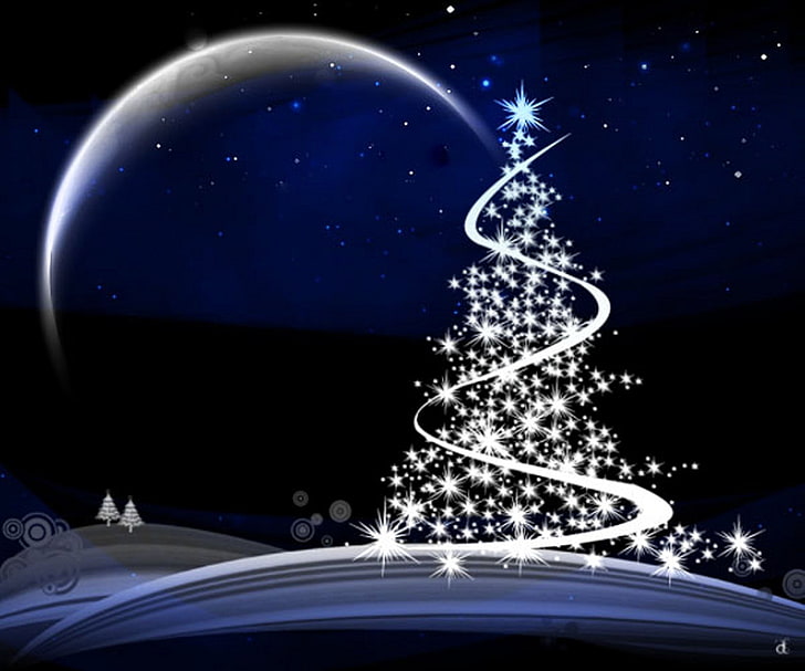 weiße Weihnachtsbaumillustration, Feiertag, Weihnachten, Blau, Weihnachtsbaum, Mond, Sterne, Baum, HD-Hintergrundbild