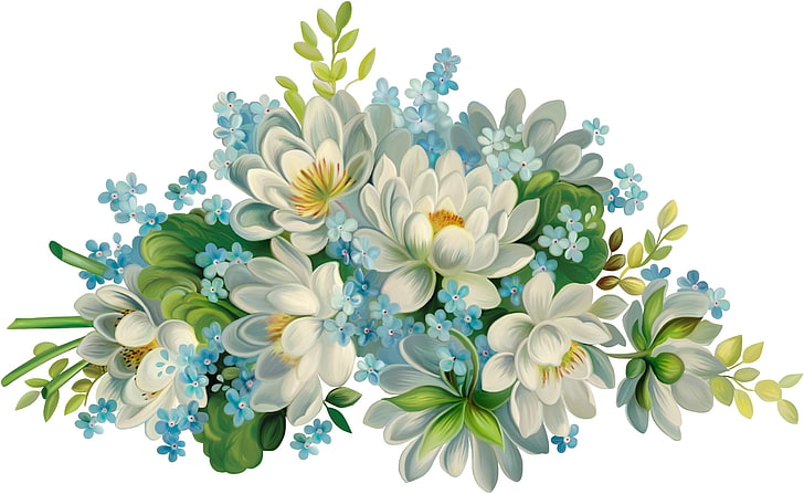 fiori bianchi con foglia verde, fiori, sfondo bianco, bellissimi fiori blu, Sfondo HD