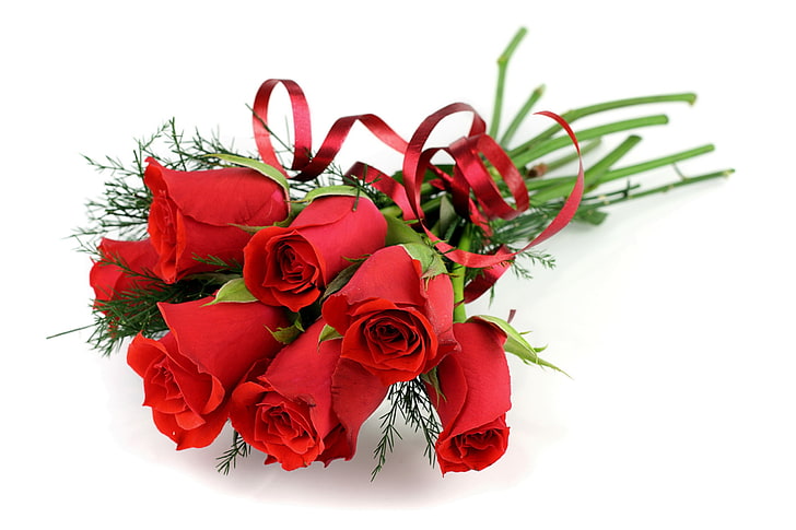 red roses boquet, roses, flowers, flower, ribbon, bright, HD wallpaper