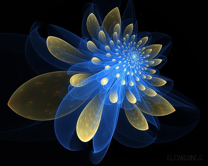 blue and yellow flower wallpaper, fractal, flower, blue, white, HD wallpaper