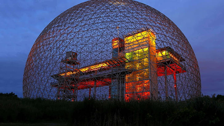 architecture, modern, sphere, night, sky, arena, nature, grass, building, pipes, Montreal, Canada, Biosphère, U.S. pavilion, Richard Buckminster Fuller, Expo 67, World's fairs, HD wallpaper