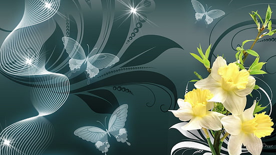 Narciso na cerceta, primavera, persona do firefox, narciso, cerceta, fumaça, verão, borboletas, flores, 3d e abstrato, HD papel de parede HD wallpaper