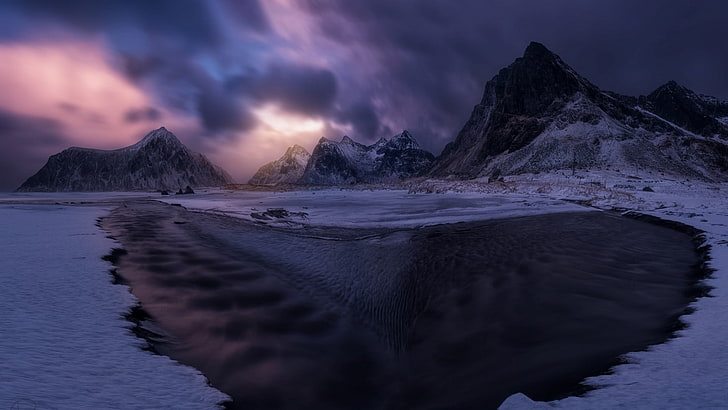 Foto di paesaggio del corpo d'acqua e montagne, natura, paesaggio, inverno, spiaggia, montagne, nuvole, neve, Isole Lofoten, Norvegia, Sfondo HD