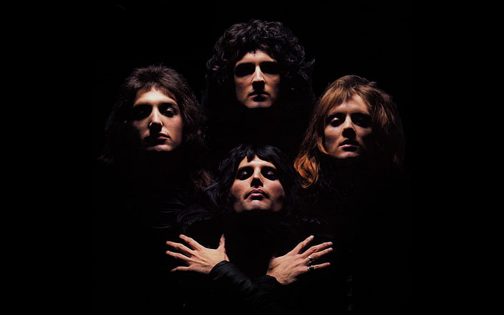 Queen , music, musician, Freddie Mercury, band, black background, album covers, Freddy Mercury, Brian May, Roger Taylor, John Deacon, Bohemian Rhapsody, men, HD wallpaper