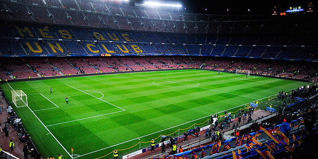 green football field, soccer, stadium, FC Barcelona, Camp Nou, Manchester City, Champions League, HD wallpaper HD wallpaper