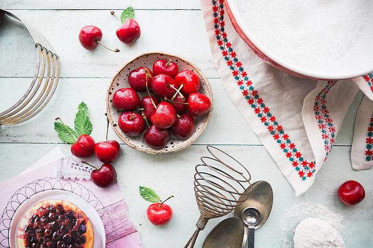 red cherries, cherry, berries, plate, HD wallpaper
