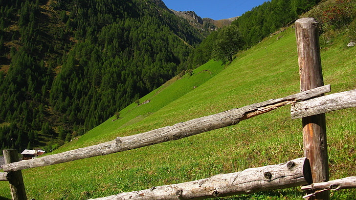 clôture brune extérieure, montagnes, paysage, Fond d'écran HD