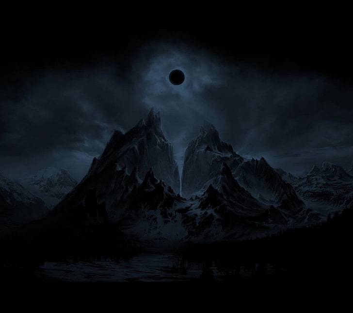 темная полная луна цифровые обои, горы, затмение, ночь, HD обои