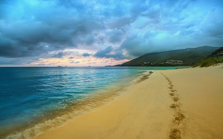 Стъпки по плажа, син океан и кафяв пясък, плажове, 2880x1800, облак, пясък, крайбрежие, бряг, HD тапет