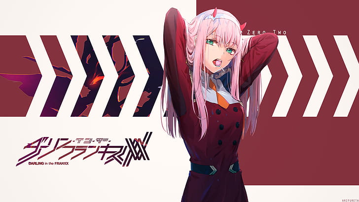 anime, lollipop, pink hair, anime girls, long hair, arms up, Darling in the FranXX, Zero Two (Darling in the FranXX), HD wallpaper