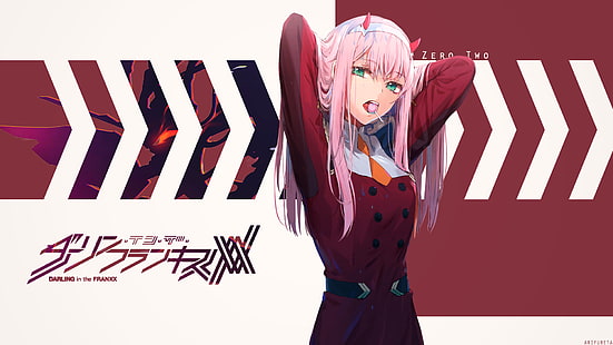 anime, sucette, cheveux roses, filles anime, cheveux longs, bras levés, Darling in the FranXX, Zero Two (Darling in the FranXX), Fond d'écran HD HD wallpaper
