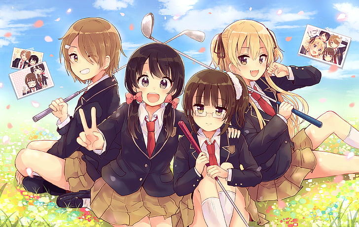 meninas anime, amigos, golfe, pétalas, uniforme escolar, sorrindo, moe, anime, HD papel de parede