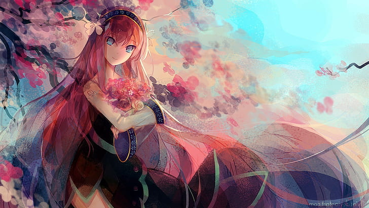 アニメボーカロイド巡音ルカ長い髪の花桜の木髪に花アニメの女の子、 HDデスクトップの壁紙