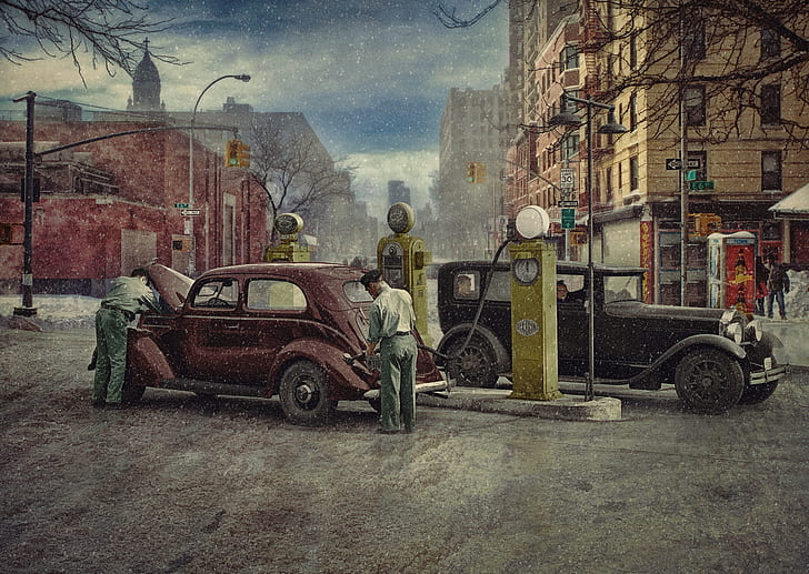 winter, the city, retro, people, cars, gas station, 1930, HD wallpaper