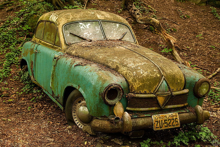 forest, abandoned, rust, old, car, HD wallpaper