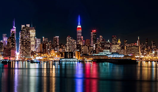 снимка на град, град, светлини, САЩ, Бруклин, нощ, Ню Йорк, Манхатън, небостъргачи, HD тапет HD wallpaper