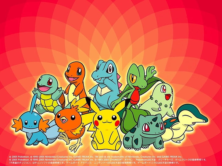 Pokémon tapeter, Pokémon, Bulbasaur (Pokémon), Charmander (Pokémon), Chikorita (Pokémon), Cyndaquil (Pokémon), Mudkip (Pokémon), Pikachu, Squirtle (Pokémon), Starter Pokemon, Torchic (Pokemon), Totodile (Pokémon), Treecko (Pokémon), HD tapet