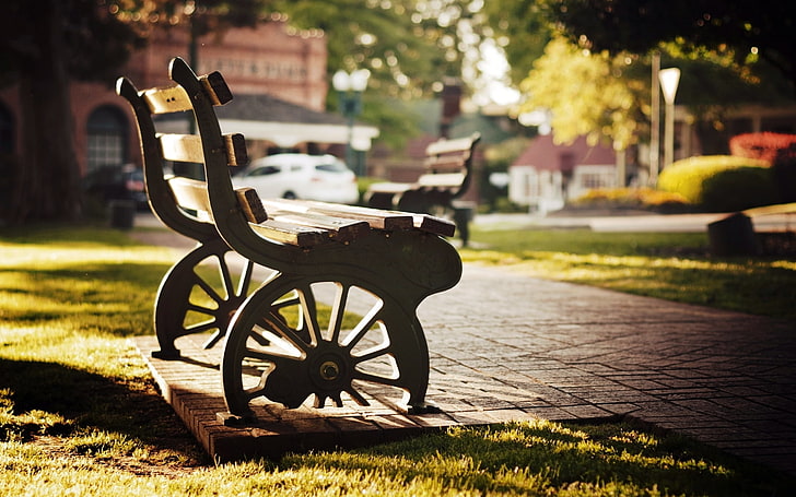 brown wooden bench, greens, grass, the sun, trees, bench, Park, background, tree, stay, widescreen, Wallpaper, mood, blur, wheel, shop, leaves, square, parks, full screen, HD wallpapers, fullscreen, leave, HD wallpaper