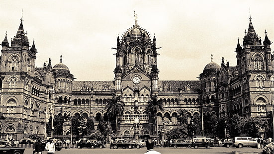 photo en niveaux de gris de la cathédrale, Mumbai, monochrome, immeuble ancien, voiture, rue, vintage, Fond d'écran HD HD wallpaper