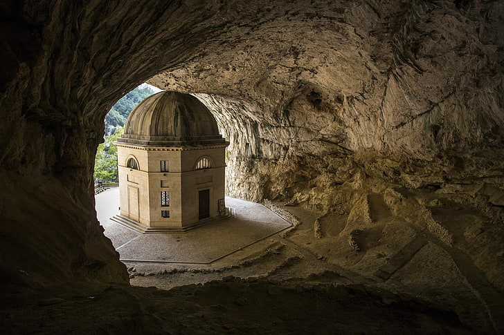 white and brown concrete dome building, architecture, ancient, cave, Italy, nature, rock, dome, trees, forest, bricks, stones, Giuseppe Valadier, HD wallpaper