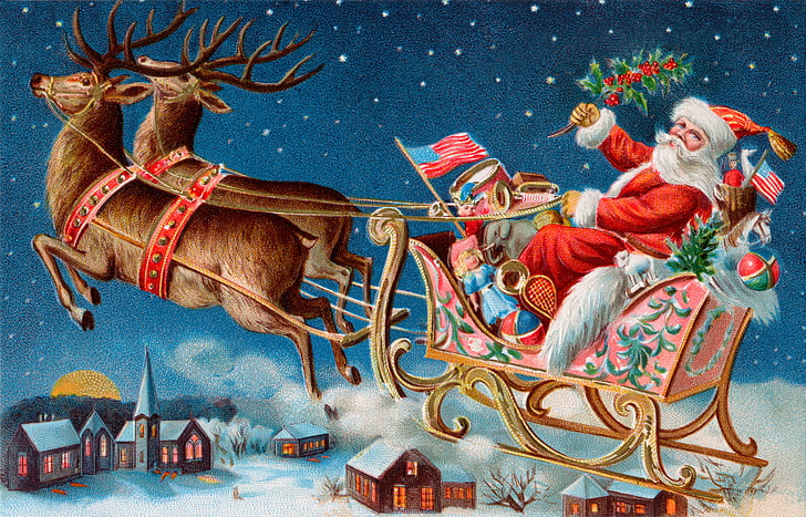 Santa Claus on sleigh with reindeer painting, winter, toys, gifts, town, sleigh, Santa Claus, deer, postcard, HD wallpaper