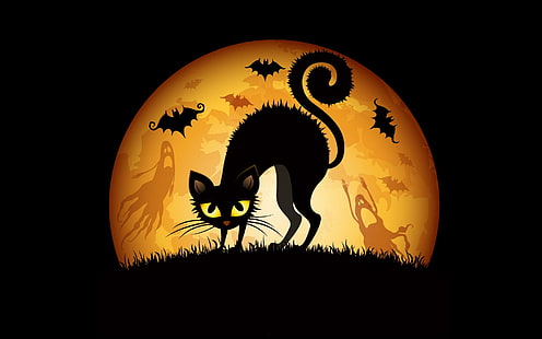 Halloween Cats Bats, black cat, halloween, cats, bats, creative and graphics, HD wallpaper HD wallpaper