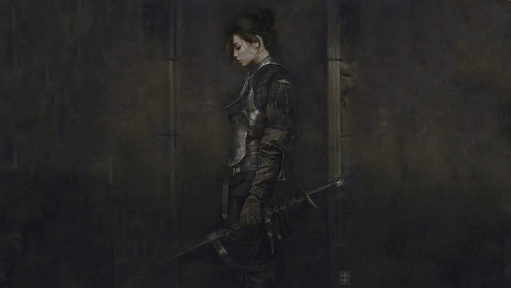 female animation character, artwork, fantasy art, warrior, sword, armor, HD wallpaper
