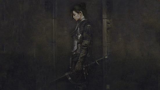 weibliche Zeichentrickfigur, Kunstwerk, Fantasiekunst, Krieger, Schwert, Rüstung, HD-Hintergrundbild HD wallpaper
