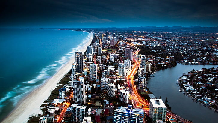 Австралия, Голд Коуст, град, градски пейзаж, крайбрежие, плаж, HD тапет
