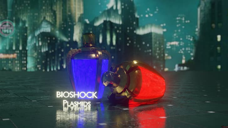 BioShock, plasmid, glowing, lights, reflection, 3D, Blender, tiles, video game art, digital art, CGI, video games, HD wallpaper