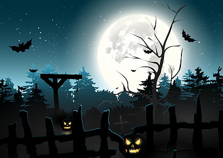 sfondo di halloween, foresta, cimitero, zucca, orrore, halloween, pauroso, mezzanotte, pipistrelli, zucche, raccapricciante, luna piena, cimitero, forca, boia, Sfondo HD HD wallpaper