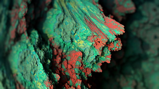 緑と赤の石、手続き鉱物、鉱物、抽象、被写界深度、CGI、アートワーク、デジタルアート、 HDデスクトップの壁紙 HD wallpaper
