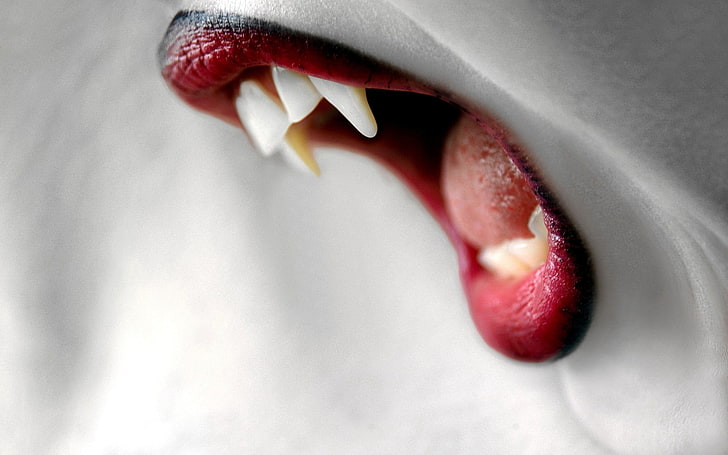 lipstik merah, mulut, vampir, pewarnaan selektif, lipstik merah, gigi, bibir, bibir berair, Wallpaper HD