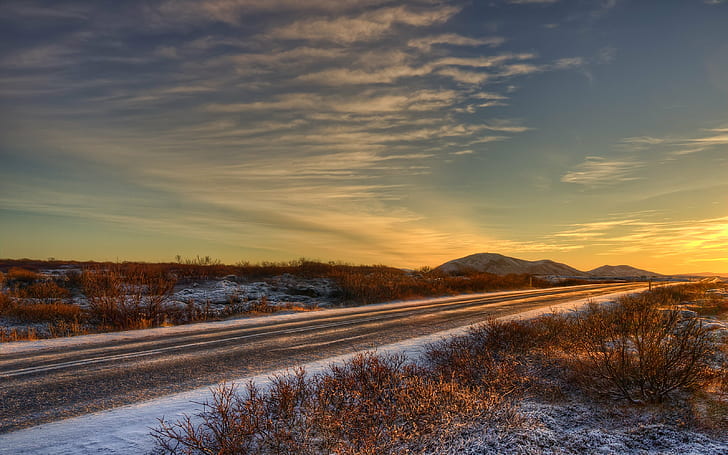 concrete road, Sunny, concrete road, 2560x1600, 1920x1200, 1680x1050, 1440x900, 1280x800, widescreen, background, landscape, frost, hdr, handheld, photomatix, nature, sunset, winter, outdoors, tree, snow, forest, HD wallpaper