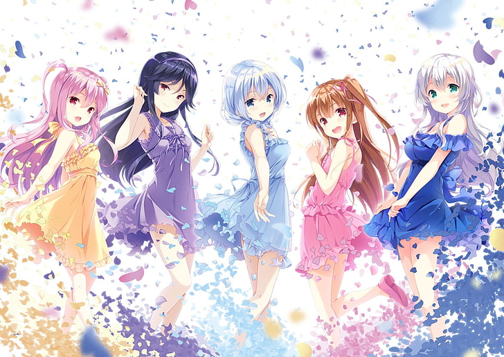애니메이션 소녀들, 모에, 가벼운 드레스, 흰 머리카락, 핑크 머리카락, 웃고있는, 꽃잎, 친구, 애니메이션, HD 배경 화면