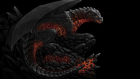 иллюстрация черного и красного дракона, произведения искусства, фэнтези-арт, концепт-арт, дракон, огонь, простой фон, HD обои HD wallpaper