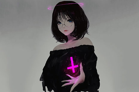 czarnowłosa postać z anime, anime, dziewczyny anime, oryginalne postacie, krótkie włosy, okulary, niebieskie oczy, szare tło, grafika, Aoi Ogata, krzyż, Tapety HD HD wallpaper