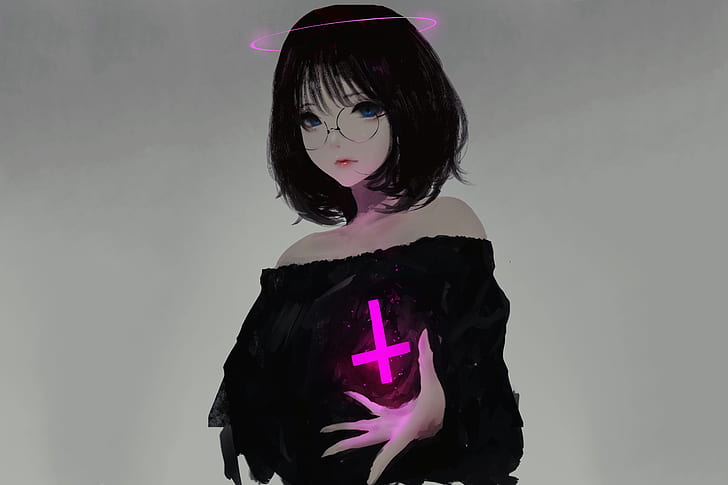 fondo gris, ilustraciones, cruz, ojos azules, gafas, Aoi Ogata, personajes originales, chicas anime, anime, cabello corto, Fondo de pantalla HD